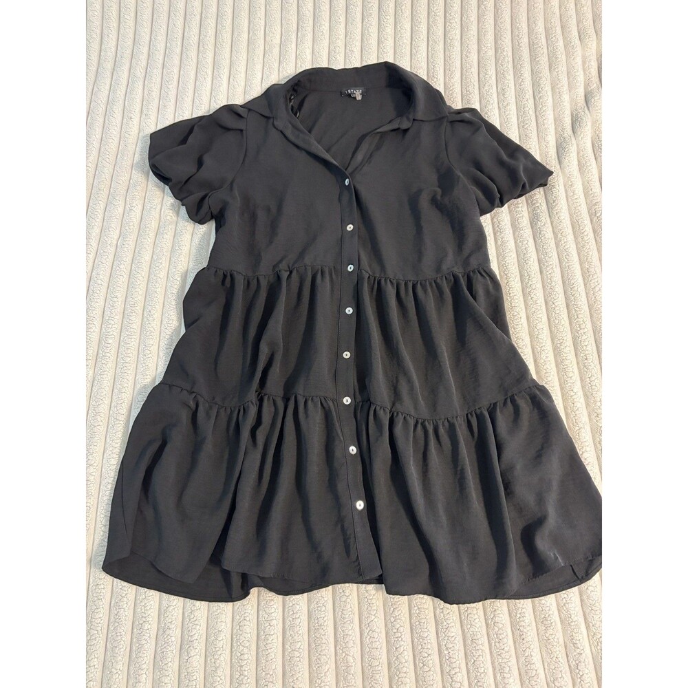 1.STATE Tiered Puff Sleeve button up Mini Dress LBD Womens XL Medium Black